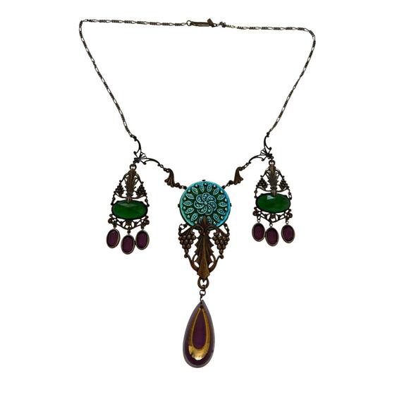 Sadie Green Art Nouveau Revival Bronze & Purple Green Glass Necklace Earring Set - Picture 4 of 9